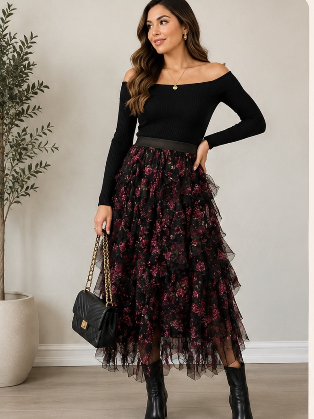 Floral Black and Pink Ruffled Skirt